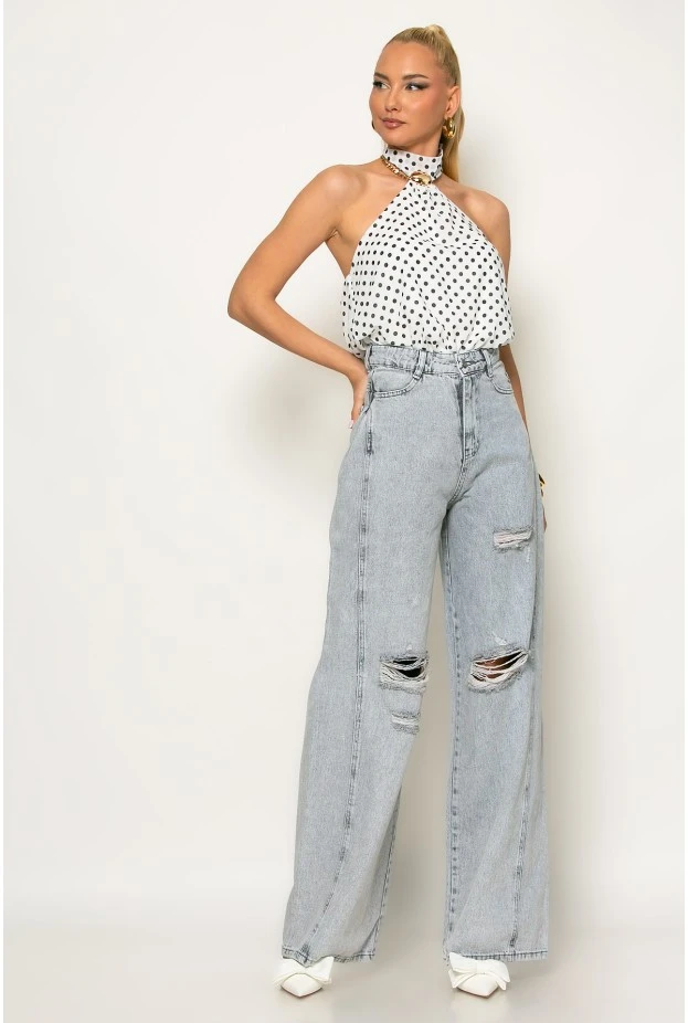 Jean wide leg με πιέτα στο πλάι και φθορές γκρι