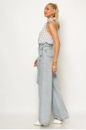 Jean wide leg με πιέτα στο πλάι και φθορές γκρι