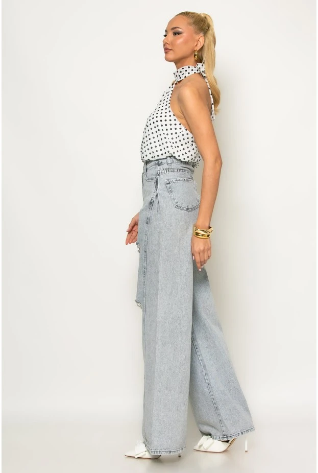 Jean wide leg με πιέτα στο πλάι και φθορές γκρι