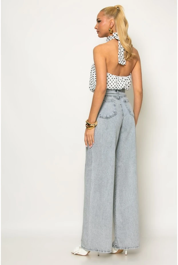 Jean wide leg με πιέτα στο πλάι και φθορές γκρι