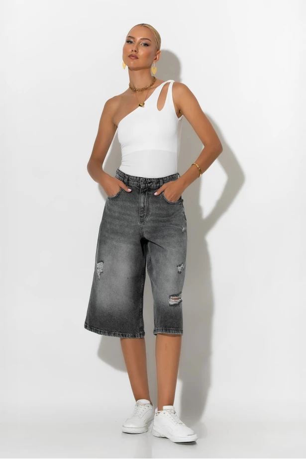 Jean baggy βερμούδα με φθορές ανθρακί Jean baggy βερμούδα με φθορές ανθρακί