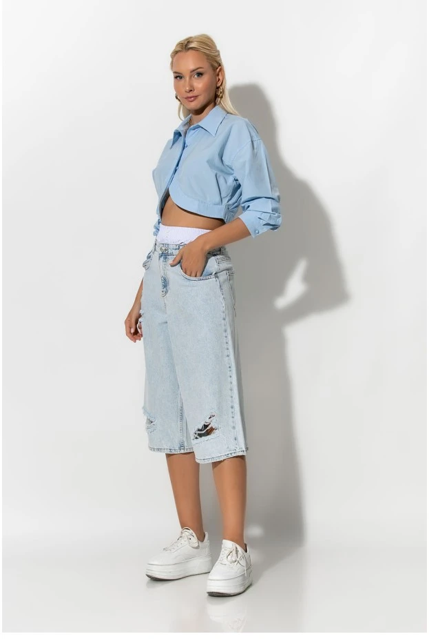 Jean loose boxer βερμούδα με φθορές μπλε