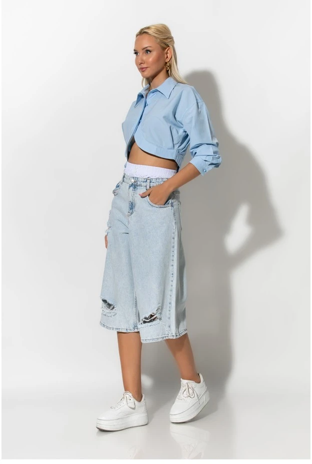 Jean loose boxer βερμούδα με φθορές μπλε