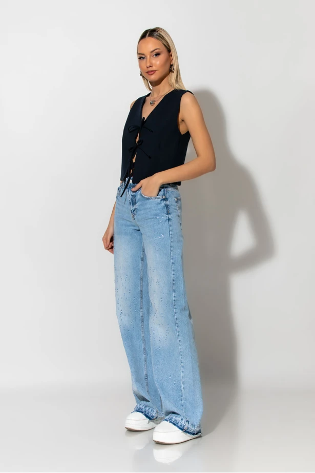 Jean wide leg με μικρές φθορές μπλε Jean wide leg με μικρές φθορές μπλε