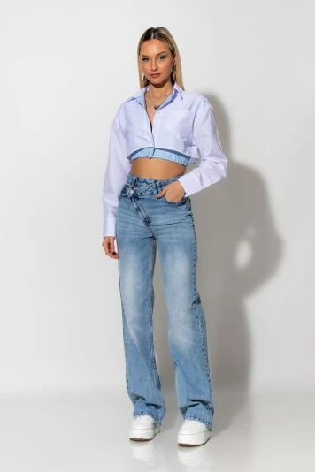 Asymmetric button jean wide leg μπλε