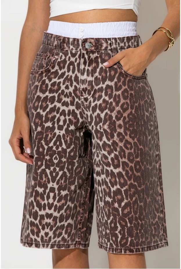 Jean baggy boxer βερμούδα leopard print καφέ