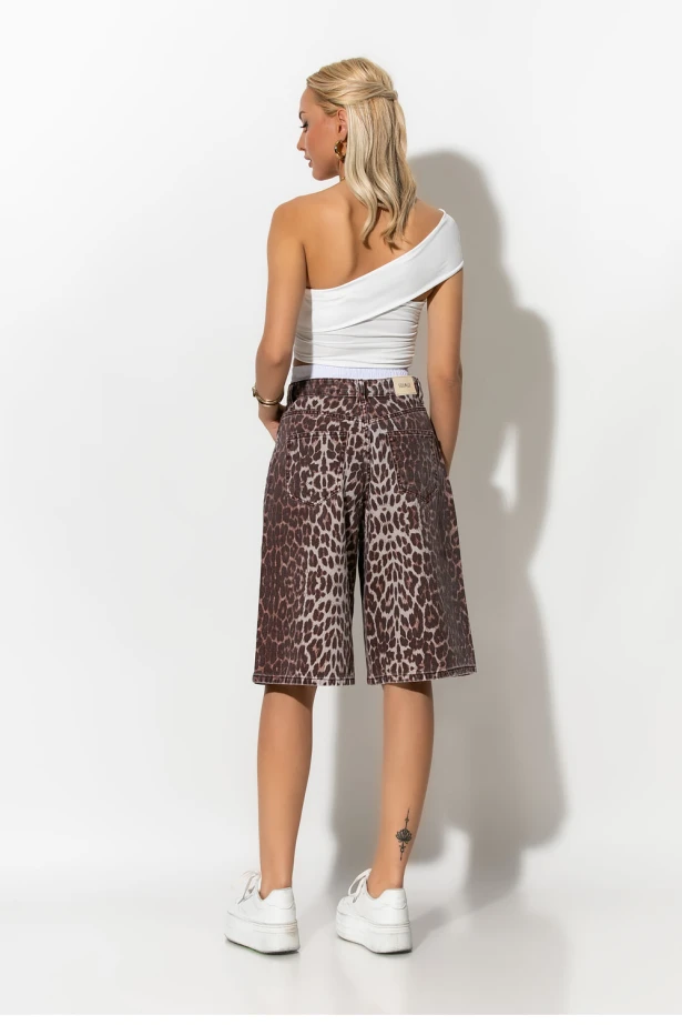 Jean baggy boxer βερμούδα leopard print καφέ