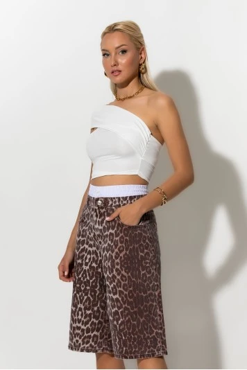 Jean baggy boxer βερμούδα leopard print καφέ