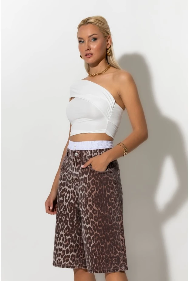 Jean baggy boxer βερμούδα leopard print καφέ