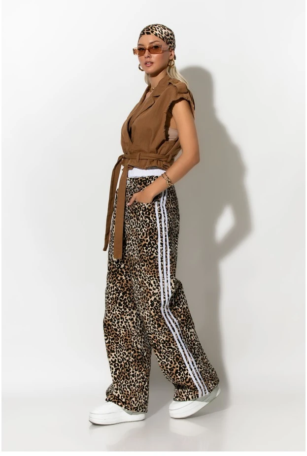 Boxer jean leopard print με ρίγες στο πλάι μπεζ