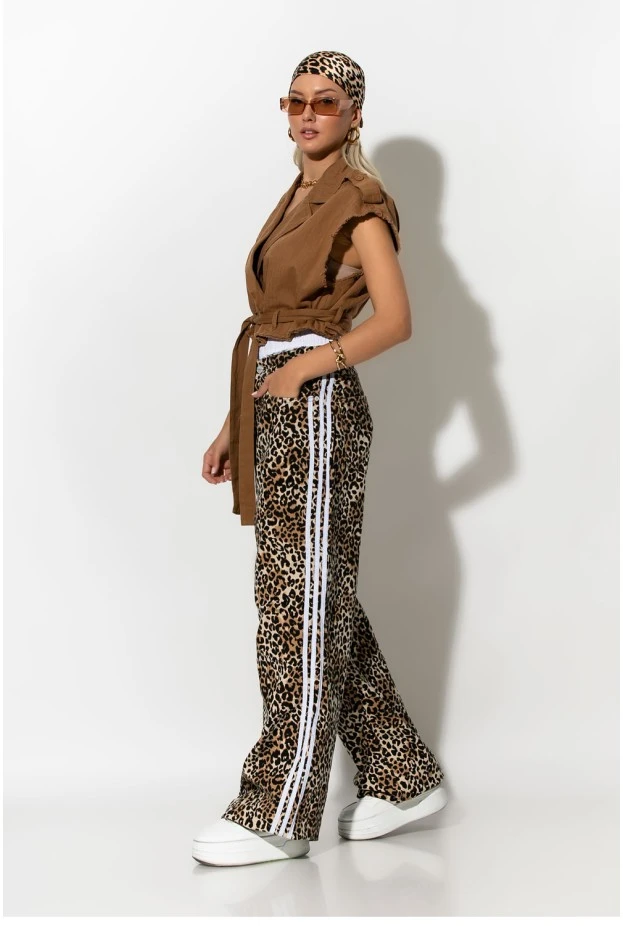 Boxer jean leopard print με ρίγες στο πλάι μπεζ
