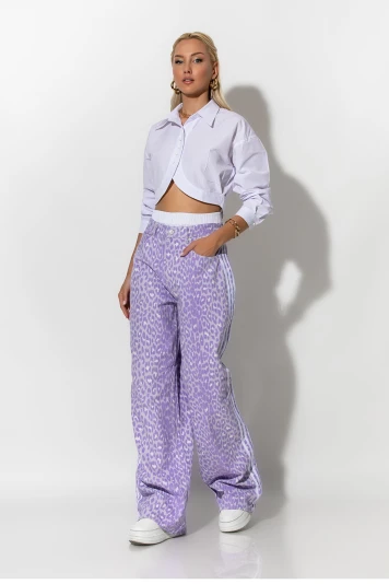 Boxer jean leopard print με ρίγες στο πλάι λιλά