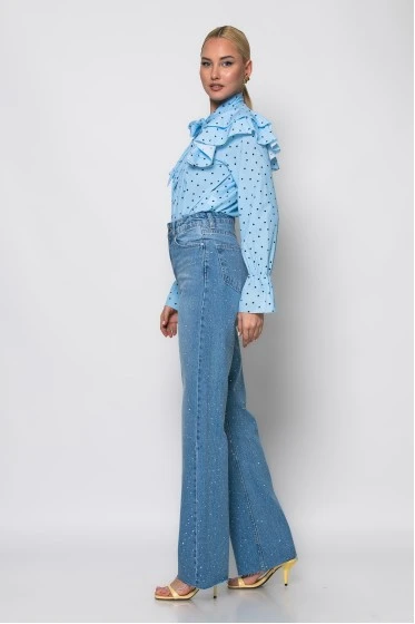 Jean straight leg με στρας και ξέφτια μπλε