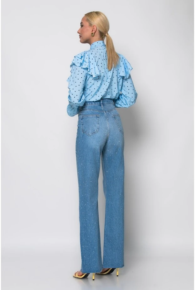Jean straight leg με στρας και ξέφτια μπλε