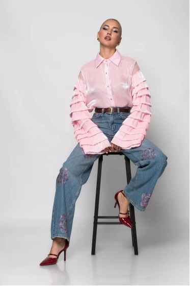 Jean straight leg με flower στρας μπλε