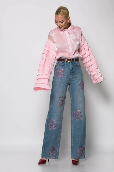 Jean straight leg με flower στρας μπλε ντένιμ