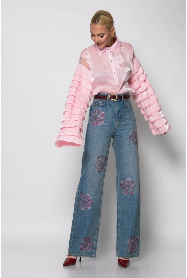 Jean straight leg με flower στρας μπλε