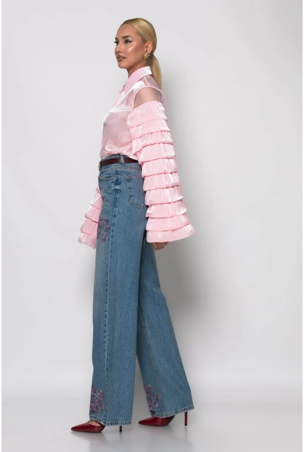Jean straight leg με flower στρας μπλε