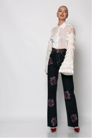 Jean straight leg με flower στρας μπλε ντένιμ