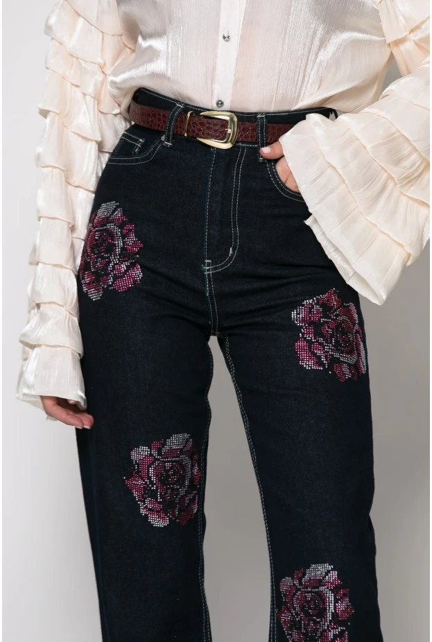 Jean straight leg με flower στρας μπλε ντένιμ
