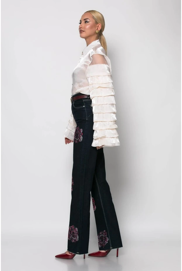 Jean straight leg με flower στρας μπλε ντένιμ