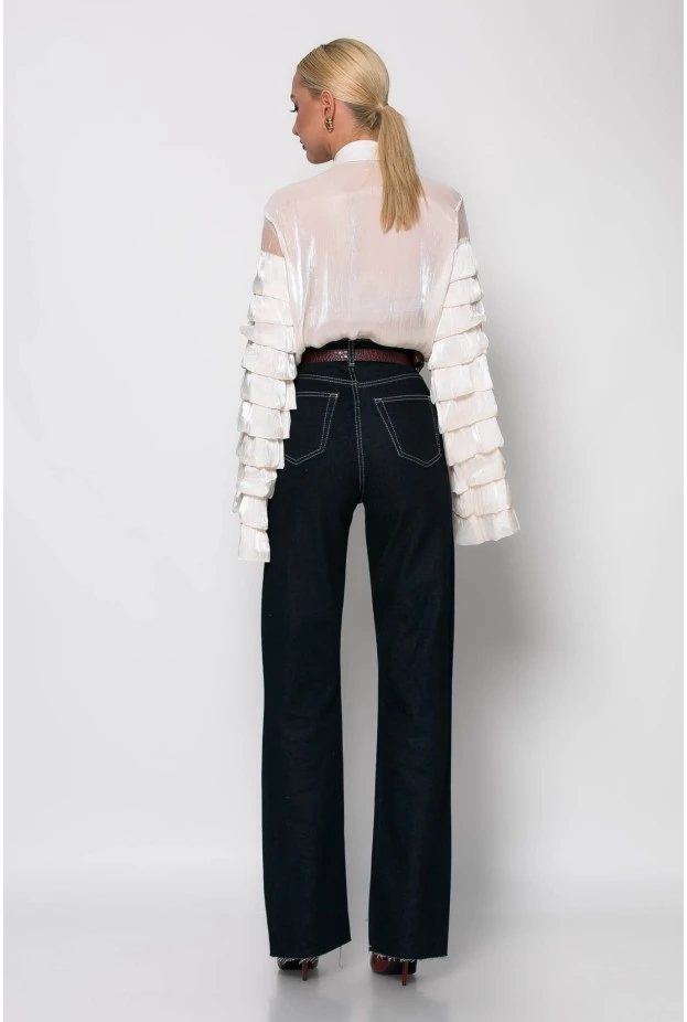 Jean straight leg με flower στρας μπλε ντένιμ