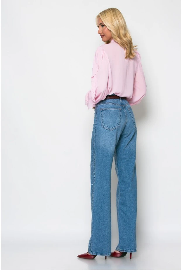 Jean straight leg με στρας μπλε