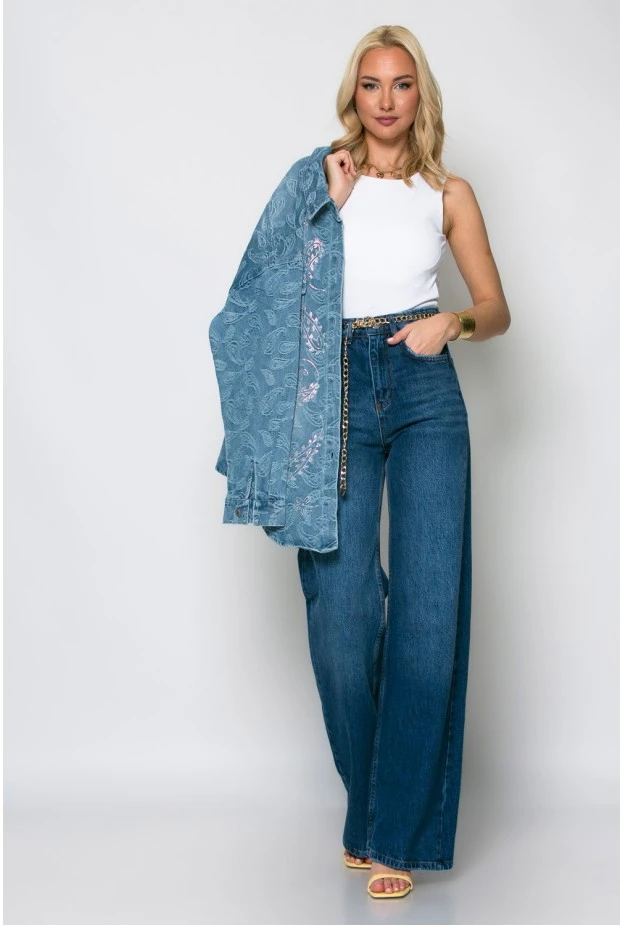Jean wide leg με ξέφτια στην μέση μπλε