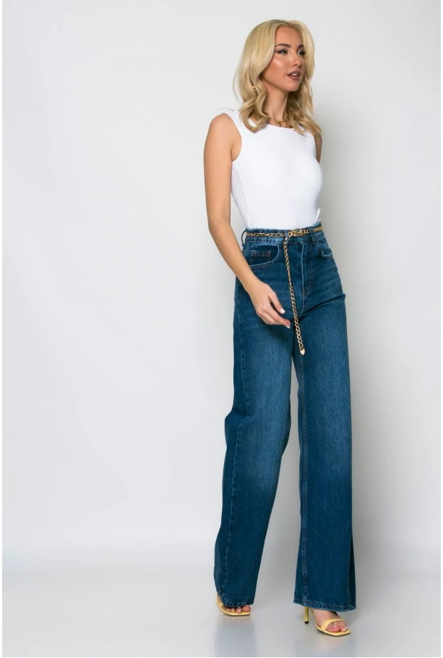 Jean wide leg με ξέφτια στην μέση μπλε