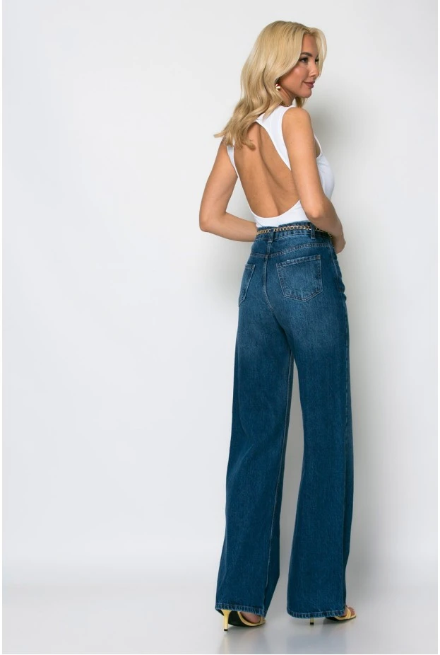 Jean wide leg με ξέφτια στην μέση μπλε
