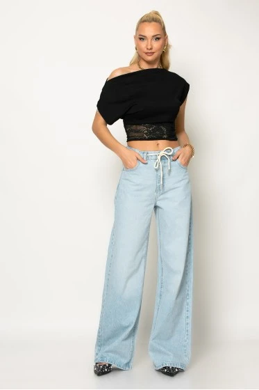 Jean wide leg με κορδόνι μπλε ανοιχτό