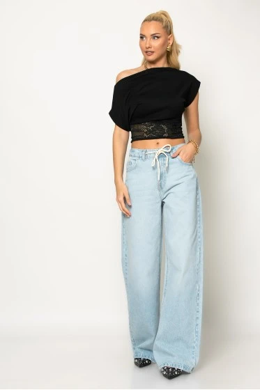 Jean wide leg με κορδόνι μπλε ανοιχτό
