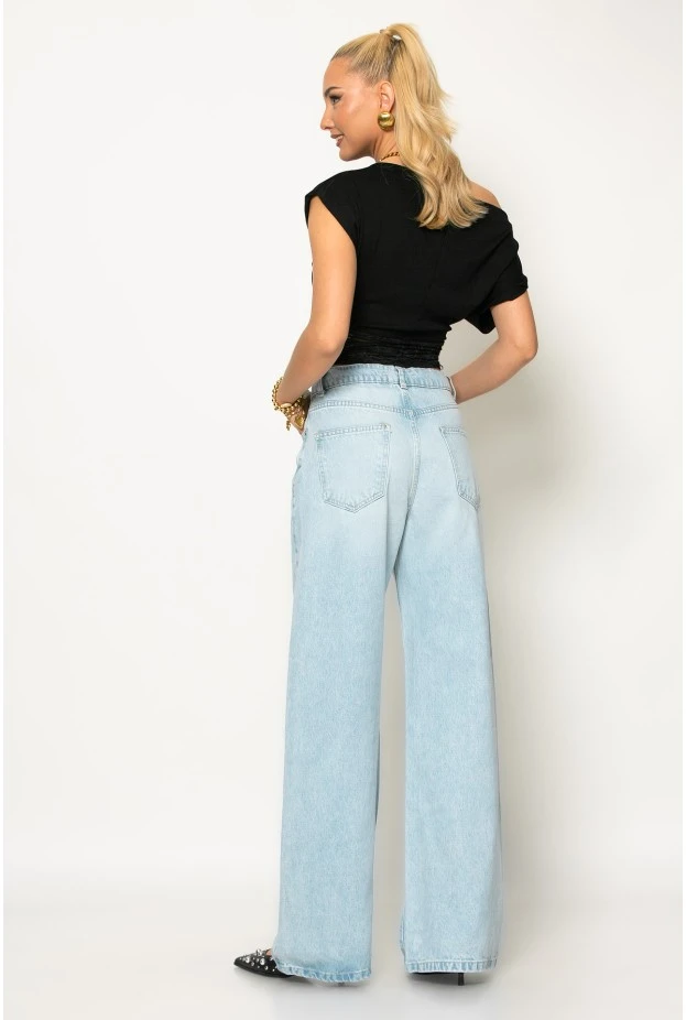 Jean wide leg με κορδόνι μπλε ανοιχτό
