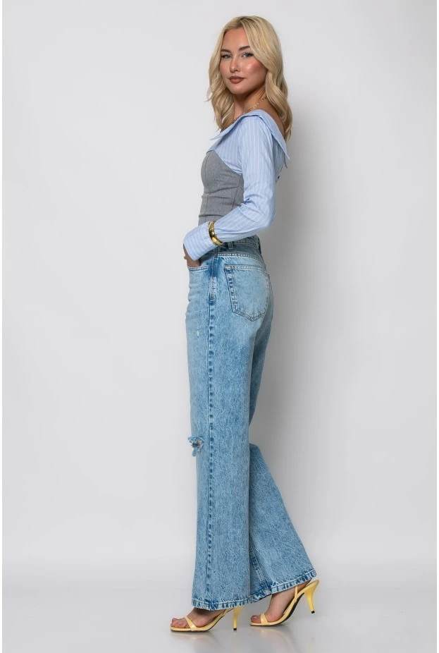 Jean straight leg με φθορές μπλε