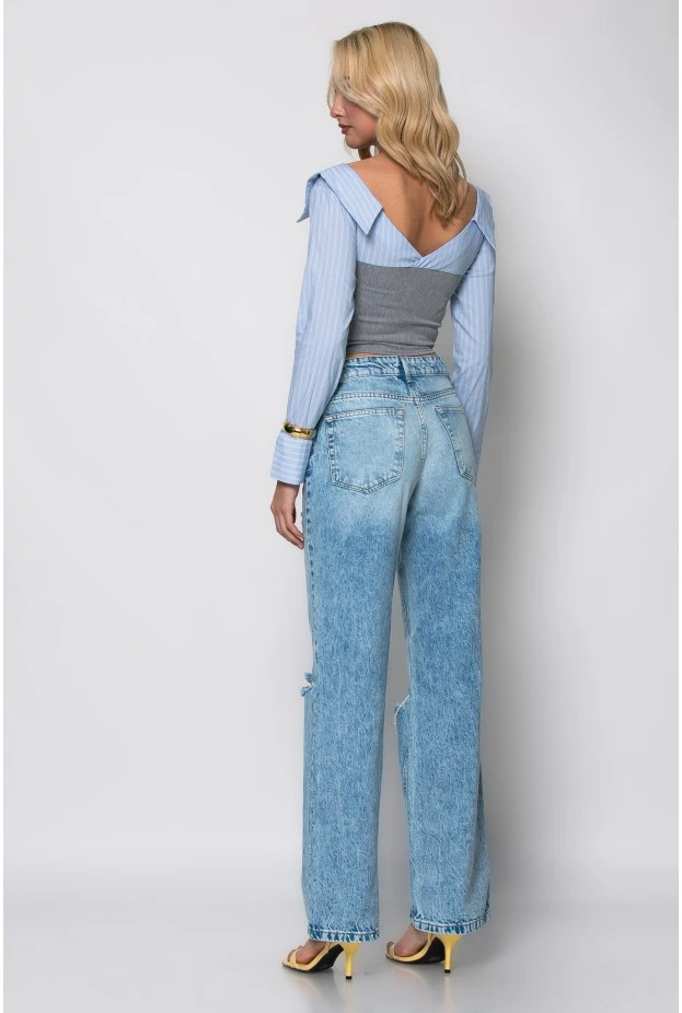 Jean straight leg με φθορές μπλε