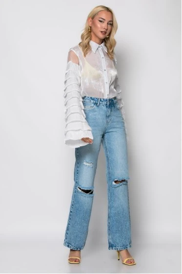 Jean straight leg με φθορές μπλε