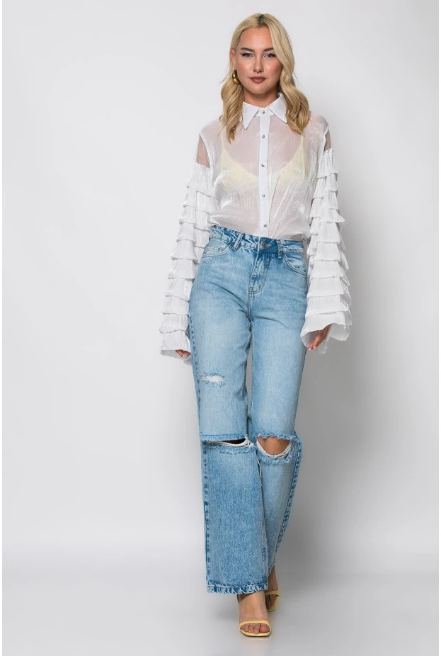Jean straight leg με φθορές μπλε