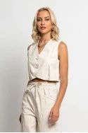 Boho σετ με λεπτομέρεια πλεξούδες γιλέκο και παντελόνι μπεζ