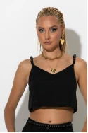 Σετ παντελόνι και crop top με τιράντες και ζώνη από χάντρες μαύρο Σετ παντελόνι και crop top με τιράντες και ζώνη από χάντρες μαύρο