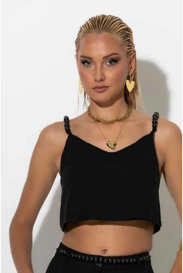 Σετ παντελόνι και crop top με τιράντες και ζώνη από χάντρες μαύρο