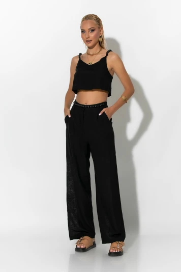 Σετ παντελόνι και crop top με τιράντες και ζώνη από χάντρες λαδί