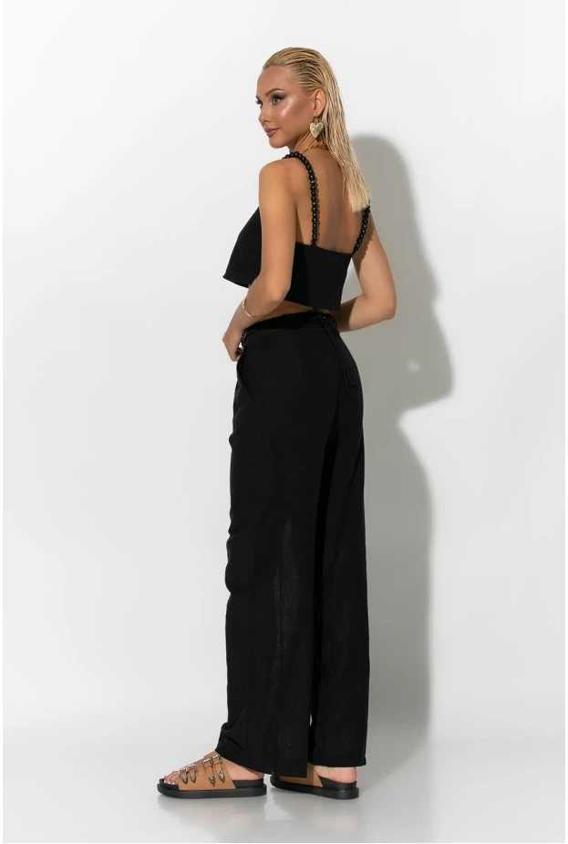 Σετ παντελόνι και crop top με τιράντες και ζώνη από χάντρες μαύρο