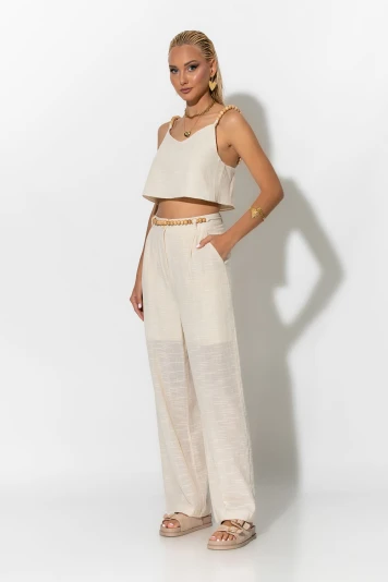 Σετ παντελόνι και crop top με τιράντες και ζώνη από χάντρες λαδί