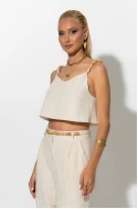 Σετ παντελόνι και crop top με τιράντες και ζώνη από χάντρες μπεζ Σετ παντελόνι και crop top με τιράντες και ζώνη από χάντρες μπεζ