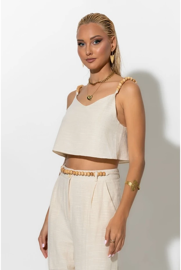 Σετ παντελόνι και crop top με τιράντες και ζώνη από χάντρες μπεζ