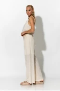Σετ παντελόνι και crop top με τιράντες και ζώνη από χάντρες μπεζ Σετ παντελόνι και crop top με τιράντες και ζώνη από χάντρες μπεζ