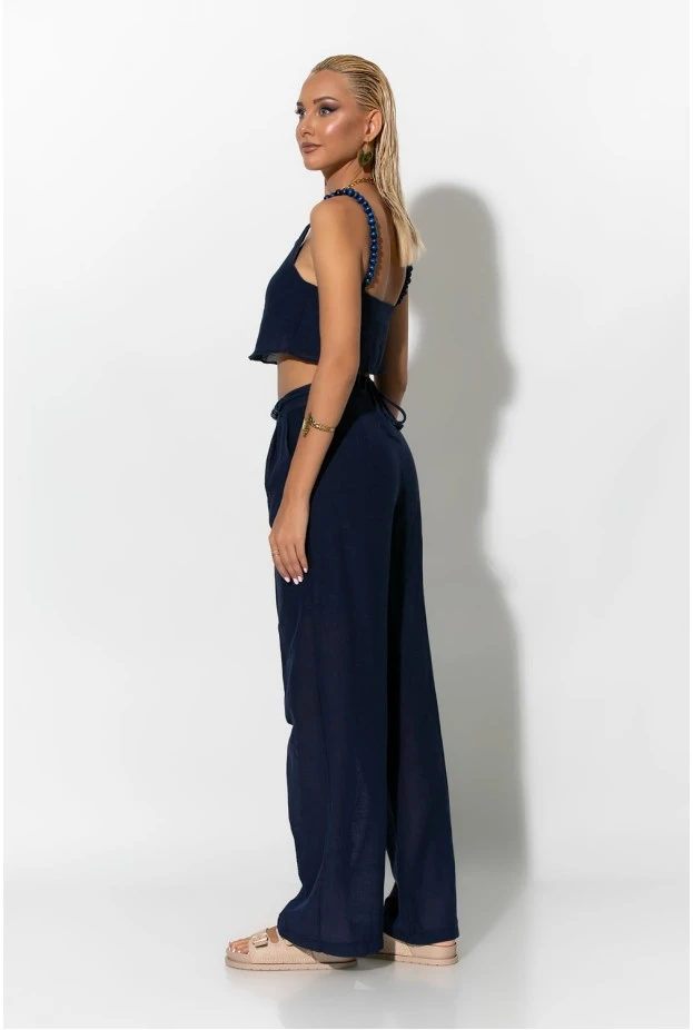 Σετ παντελόνι και crop top με τιράντες και ζώνη από χάντρες μπλε