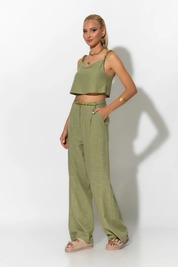 Σετ παντελόνι και crop top με τιράντες και ζώνη από χάντρες λαδί