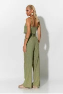 Σετ παντελόνι και crop top με τιράντες και ζώνη από χάντρες λαδί Σετ παντελόνι και crop top με τιράντες και ζώνη από χάντρες λαδί