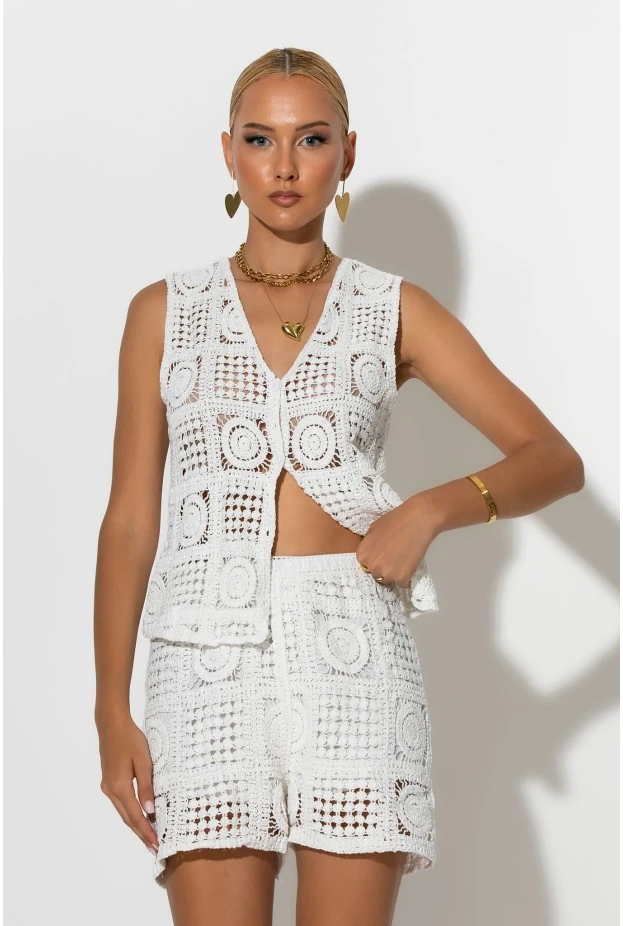 Σετ crochet γιλέκο και σόρτς με φόδρα λευκό